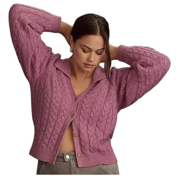Anthropologie Maeve Lavender Hourglass Cable Knit Cardigan Sweater - Picture 1 of 12